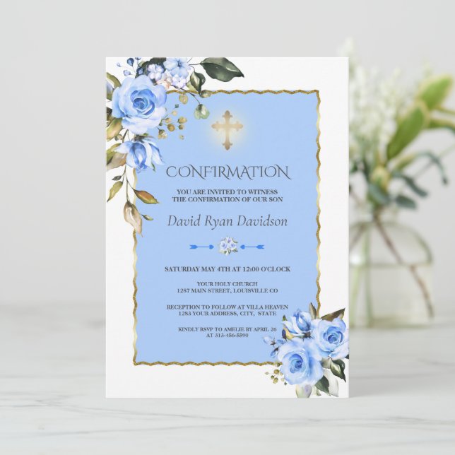 Charming Blue Flowers Gold Cross Boy Confirmation  Invitation (Standing Front)