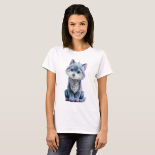 Charming Blue Galaxy Wolf Pup Illustration Women T-Shirt