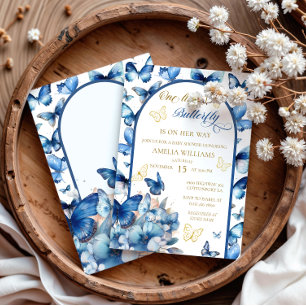Charming Blue Gold Butterfly Girl Baby Shower Invitation