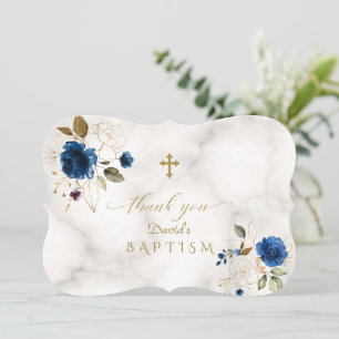 Charming Blue Gold Flowers Gold Cross Baptism Thank You Card