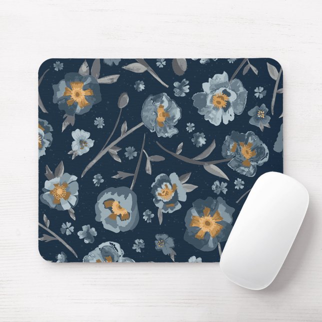 Charming Blue Grey Golden Yellow Poppies Mouse Mat (Charming Blue Gray Golden Yellow Poppies Mouse Pad from Studio Posies.)