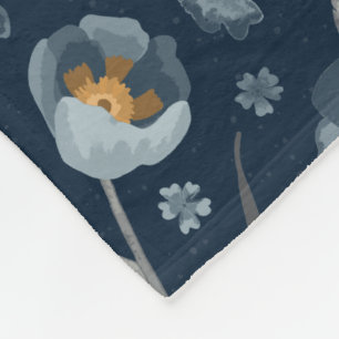 Charming Blue Grey Yellow Floral Poppy Print Fleece Blanket