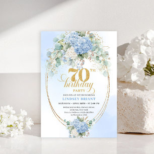 Charming Blue Hydrangeas Gold 70th Birthday Invite