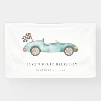 Charming Blue Race Car Birthday  Banner