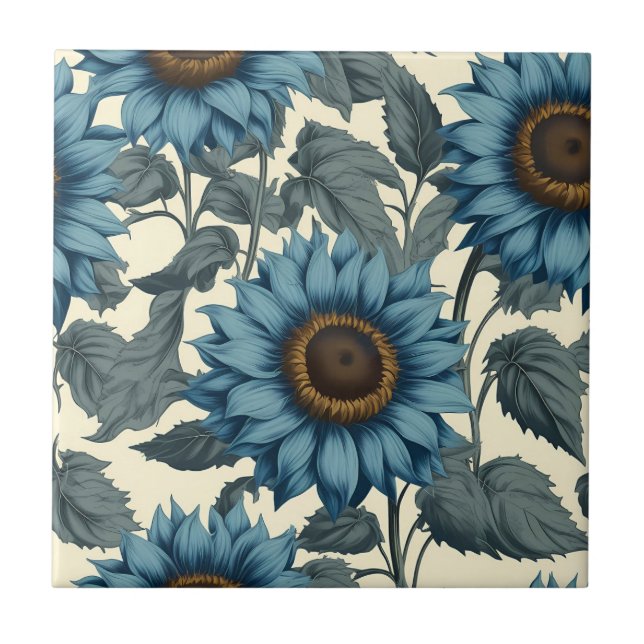 Charming blue sunflowers vintage tile (Front)