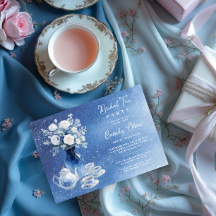 Charming Blue Tones Glitter Wedding Bridal Tea Set Invitation