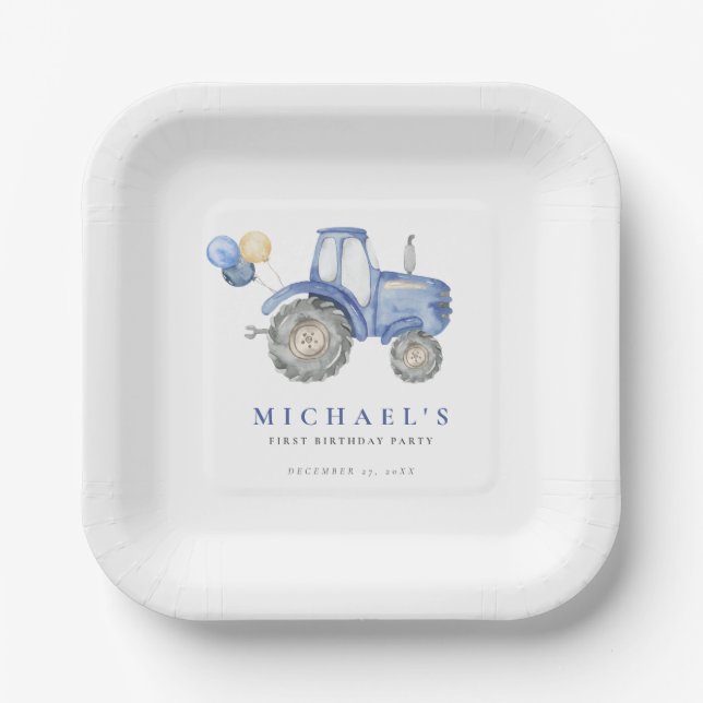 Charming Blue Tractor Birthday Paper Plate (Front)