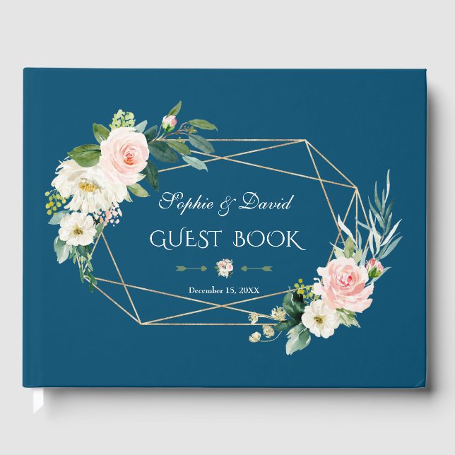 Charming Blush Floral Gold Frame Blue Wedding Guest Book (Front)