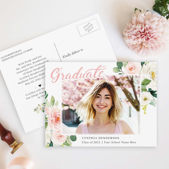 Charming Blush Floral Graduation Announcement Postcard (Creator Uploaded)