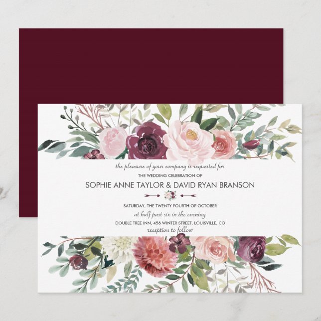 Charming Blush Flowers Frame Burgundy Wedding Invitation (Front/Back)
