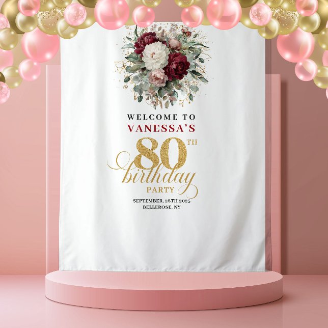 Charming Blush Gold 80th Birthday Banner Tapestry (Charming Blush Gold 80th Birthday Banner)