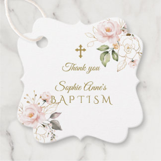 Charming Blush Gold Flowers Gold Cross Baptism Favour Tags