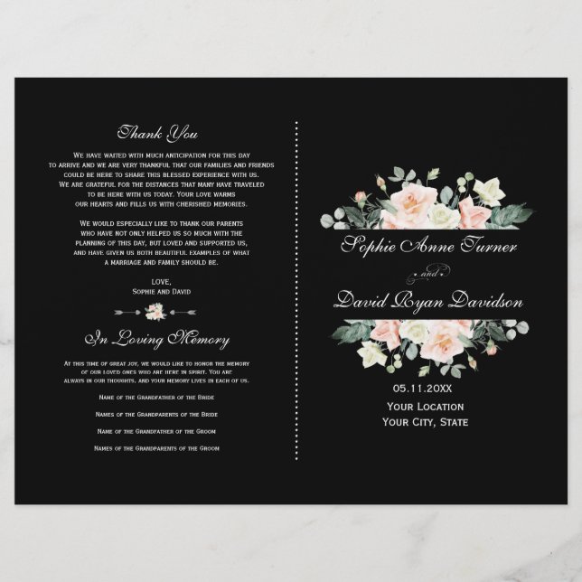 Charming Blush White Floral Black Wedding Program (Front)