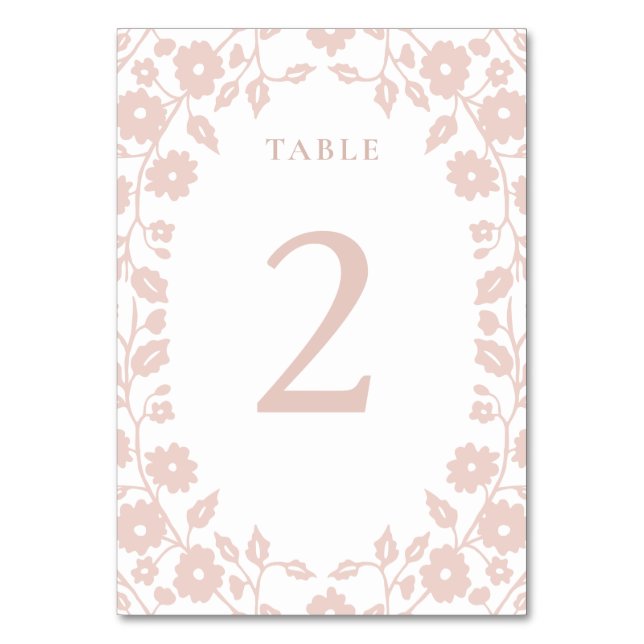 Charming Blush White Romantic Folk Floral Flowers Table Number (Front)