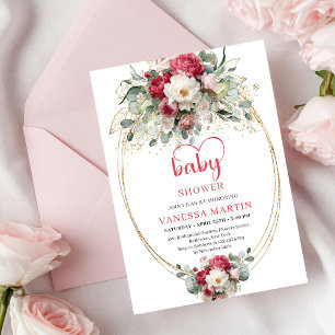 Charming Boho Ruby Red Blush Gold Baby Shower Invitation