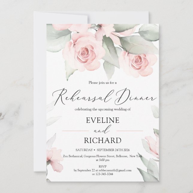 Charming BOHO SOFT PINK FLORAL REHEARSAL Invitation (Front)