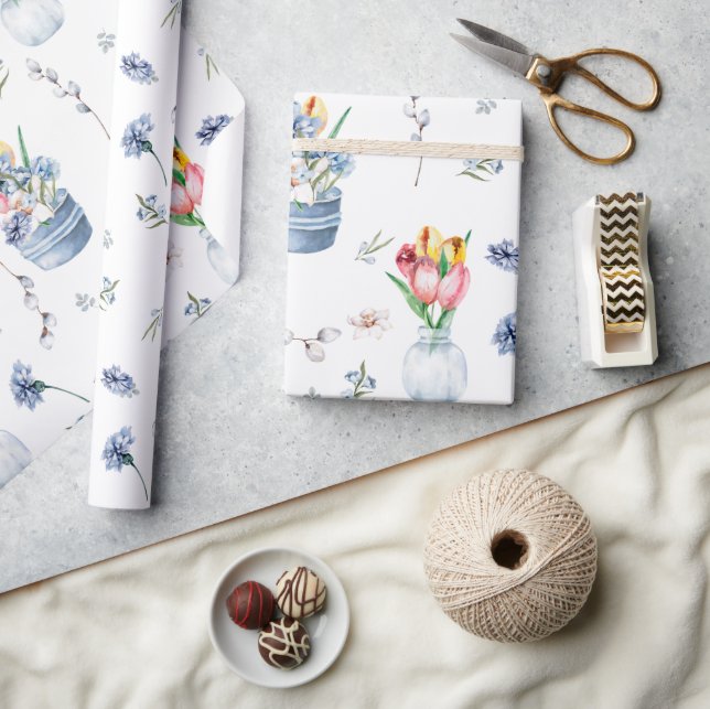 Charming Boho Watercolor Spring Flowers Pattern Wrapping Paper (Crafts)