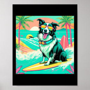 Charming Border Collie Surfing Graphic Beach Vibes Poster