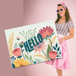 Charming Botanical Floral Typography Hello Friend Holiday Postcard