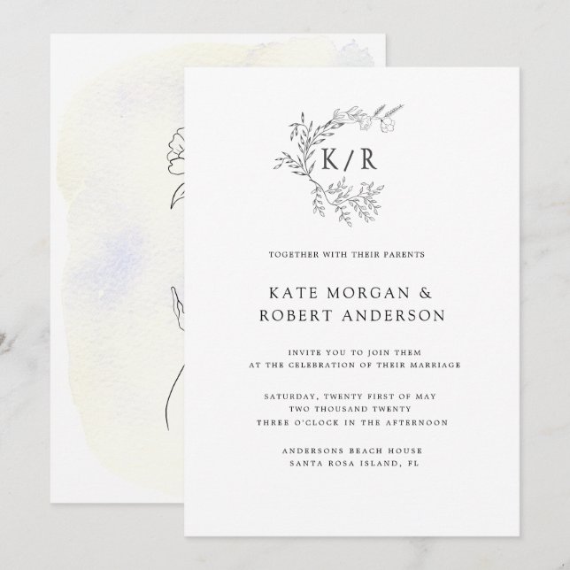 Charming Botanical Monogram Wedding Invitation (Front/Back)
