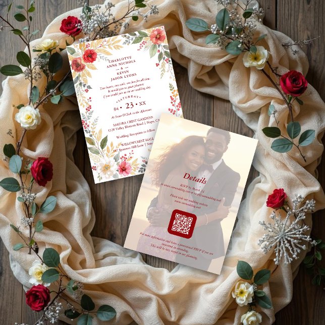 Charming Botanical Winter Frame Back Photo Wedding Invitation (Charming Botanical Winter Frame & Back Photo Wedding Invitation Cards with Back Modern QR Code. )