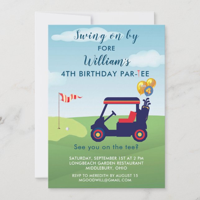 Charming Boy Golf Cart Par-tee 4th Birthday  Invitation (Front)