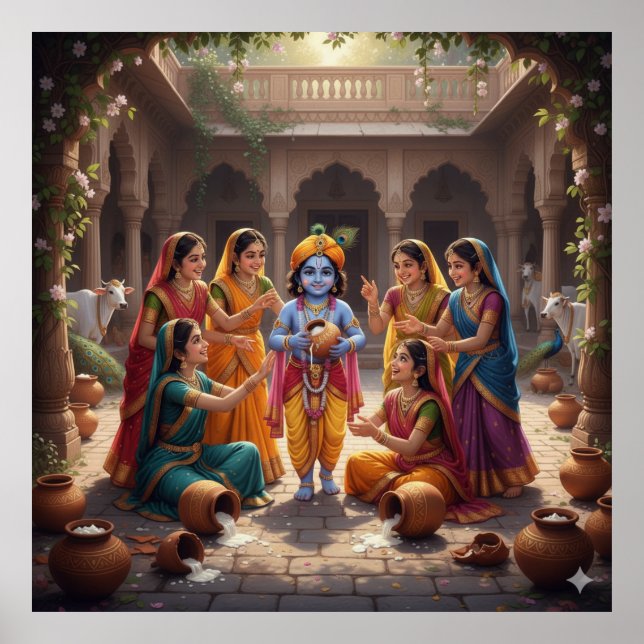 Charming Bright Bala Krishna with Gopis Poster (Front)