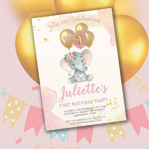 Charming BUDGET Pink Elephant First Birthday Girl  Invitation