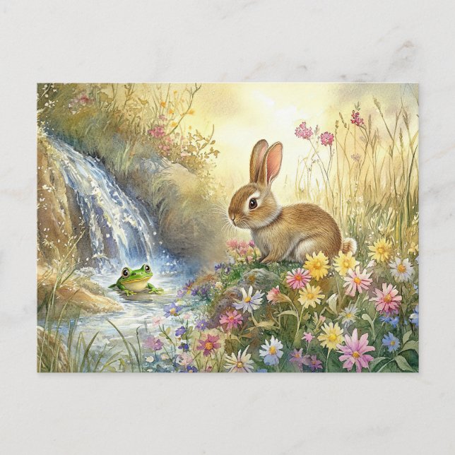 Charming Bunny & Frog Watercolour-style Postcard (Front)