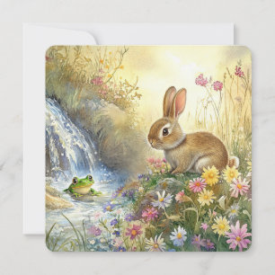 Charming Bunny & Frog Watercolour-style Square Holiday Card