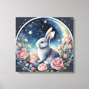 Charming Bunny in a Spring Meadow Under a Starry W Canvas Print