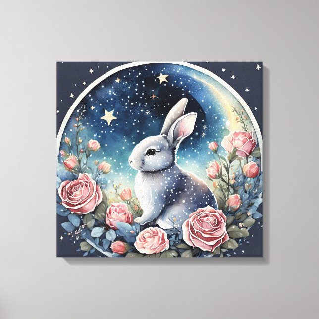 Charming Bunny in a Spring Meadow Under a Starry W Canvas Print (Front)