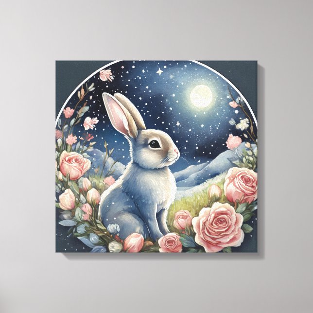 Charming Bunny in a Spring Meadow Under a Starry W Canvas Print (Front)