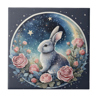 Charming Bunny in a Spring Meadow Under a Starry W Tile