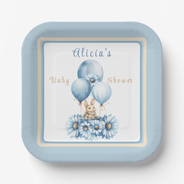 Charming Bunny In Blue Boy’s Baby Shower  Paper Plate (Front)