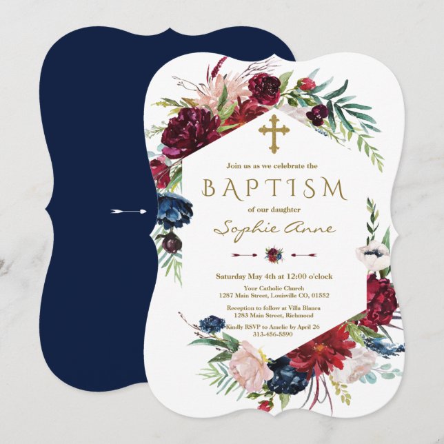 Charming Burgundy Blue Floral Wreath Girl Baptism Invitation (Front/Back)