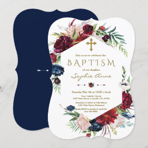 Charming Burgundy Blue Floral Wreath Girl Baptism Invitation