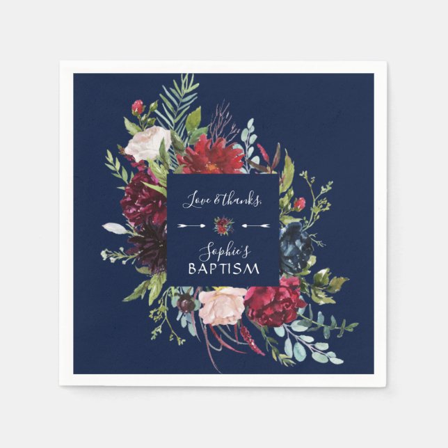 Charming Burgundy Blue Floral Wreath Girl Baptism Napkin (Front)
