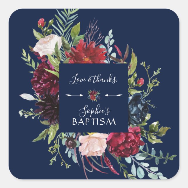 Charming Burgundy Blue Floral Wreath Girl Baptism Square Sticker (Front)
