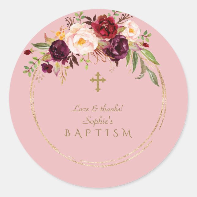 Charming Burgundy Blush Flowers Baptism Classic Round Sticker (Front)
