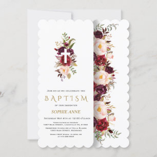 Charming Burgundy Blush Flowers Gold Baptism Invitation
