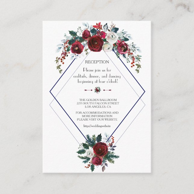 Charming Burgundy Floral Navy Wedding Details Enclosure Card (Front)