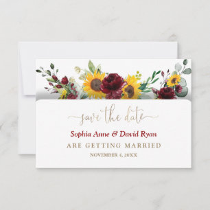 Charming Burgundy Floral Sunflowers Wedding Save The Date