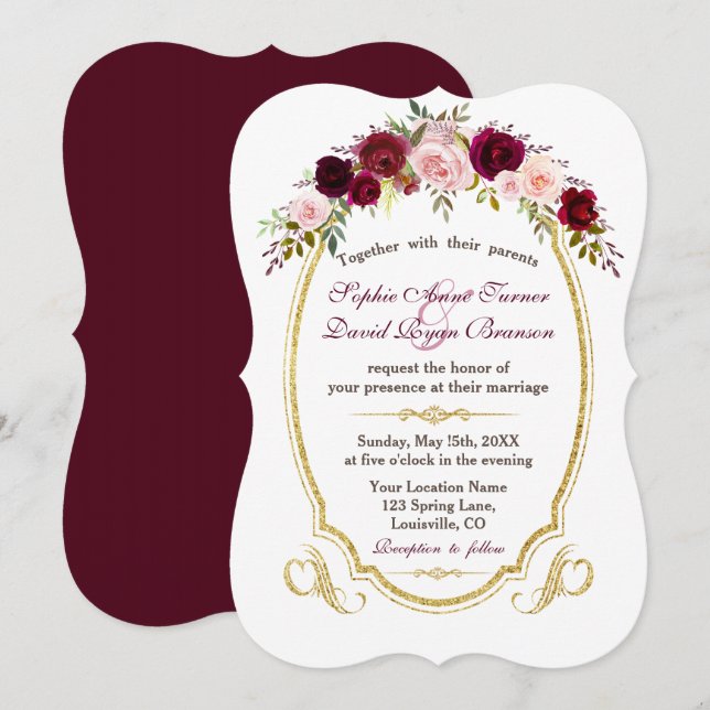 Charming Burgundy Marsala Floral Fall Wedding Invitation (Front/Back)