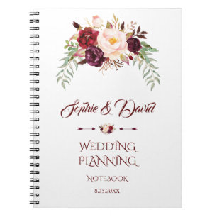 Charming Burgundy Marsala Floral Wedding Planner Notebook
