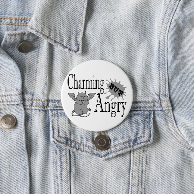 Charming but angry little devil cat funny quote 7.5 cm round badge (In Situ)