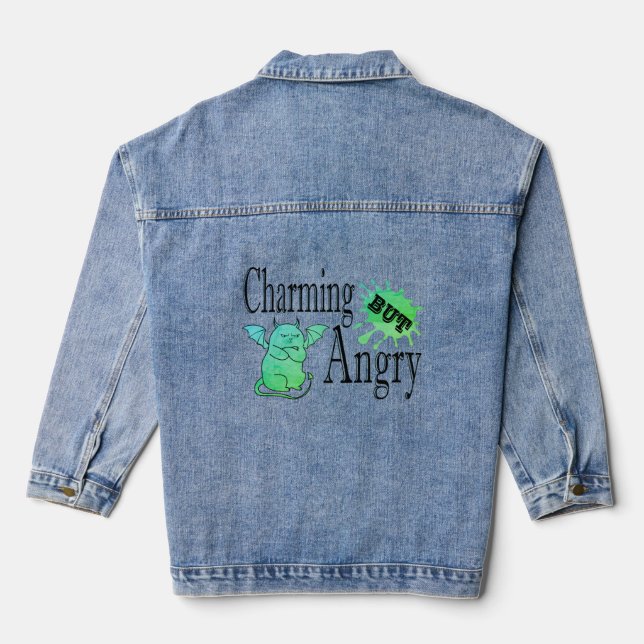 Charming but angry little devil cat funny quote denim jacket (Back)