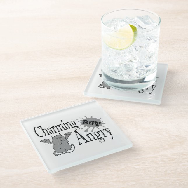 Charming but angry little devil cat funny quote glass coaster (Angled)