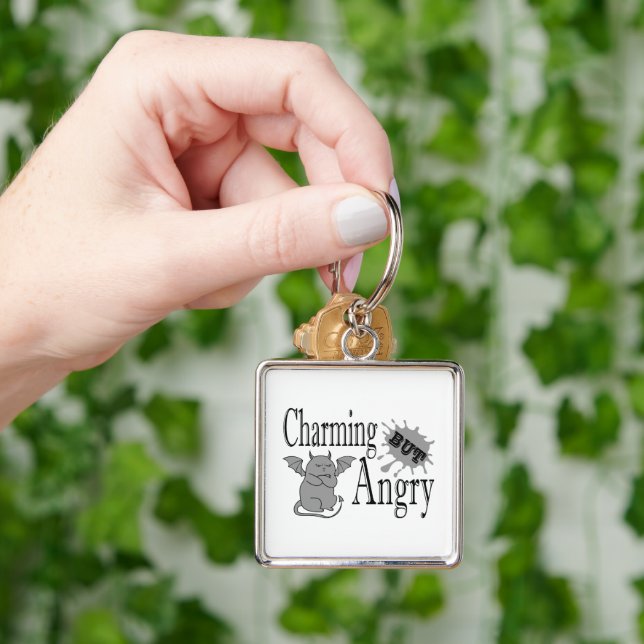 Charming but angry little devil cat funny quote key ring (Hand)