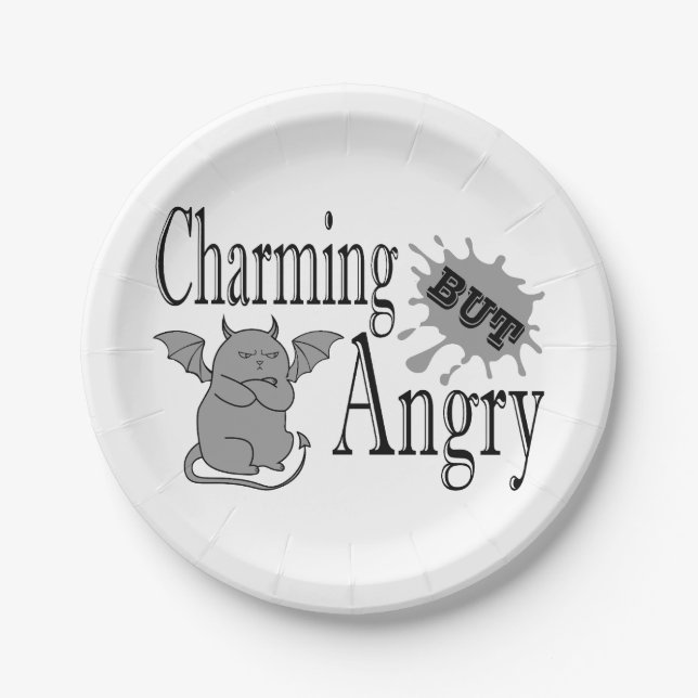 Charming but angry little devil cat funny quote paper plate (Front)